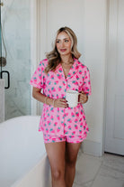 Women's pink strawberry print matching pajama set – view 4