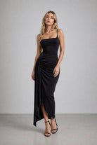 Women's black stretch bodycon slit midi dress