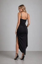 Women's black stretch bodycon slit midi dress