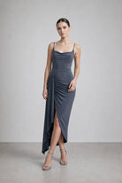 Women's black stretch bodycon slit midi dress