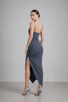 Women's black stretch bodycon slit midi dress