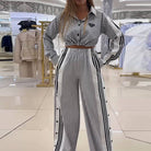 Women's black striped lapel crop shirt and high-waist wide-leg pant set – view 4