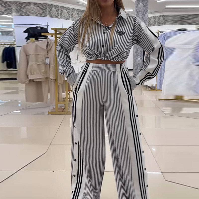 Women's black striped lapel crop shirt and high-waist wide-leg pant set – view 4