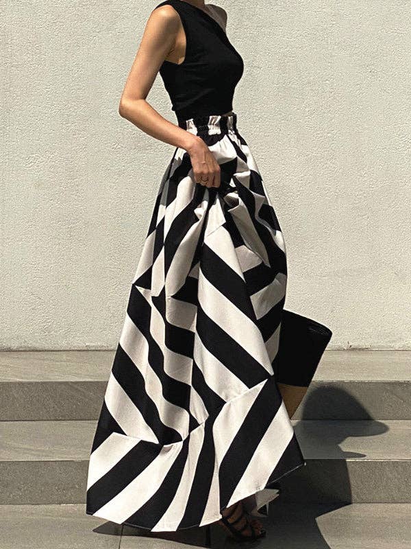 Women's black contrast striped one-shoulder wrap top and maxi skirt set – front view