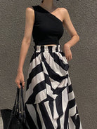 Women's black contrast striped one-shoulder wrap top and maxi skirt set – view 2