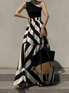 Women's black contrast striped one-shoulder wrap top and maxi skirt set – view 3