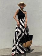 Women's black contrast striped one-shoulder wrap top and maxi skirt set – view 4