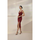 Women's deep red sweetheart ruched bust slit midi dress