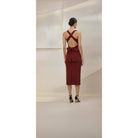 Women's deep red sweetheart ruched bust slit midi dress