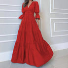 Women's red V-neck puff sleeve draped floor-length maxi dress with elastic waist