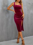 Women's burgundy red velvet bodycon midi dress with square neck, long sleeves and high slit - view 3