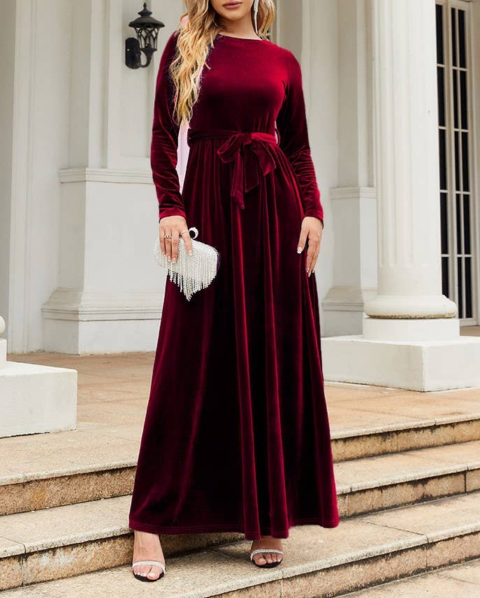 Women's red velvet long sleeve maxi dress with round neck and tie belt - view 2