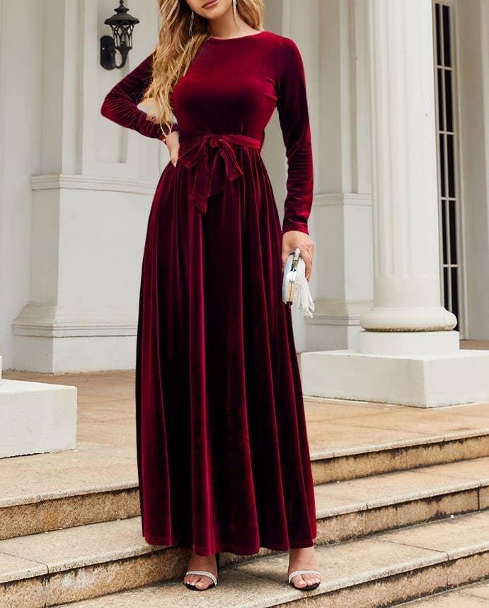 Women's red velvet long sleeve maxi dress with round neck and tie belt - view 3