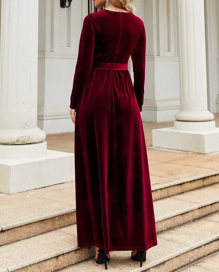 Women's red velvet long sleeve maxi dress with round neck and tie belt - view 4