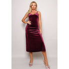 Women's burgundy velvet V-neck side slit slip dress – view 2