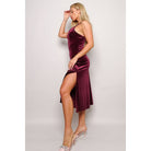 Women's burgundy velvet V-neck side slit slip dress – view 3