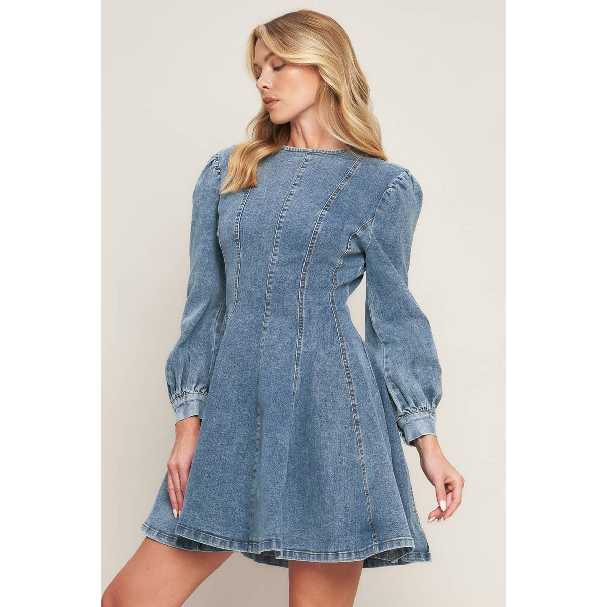 Women's blue washed denim long sleeve skater mini dress – photo 3