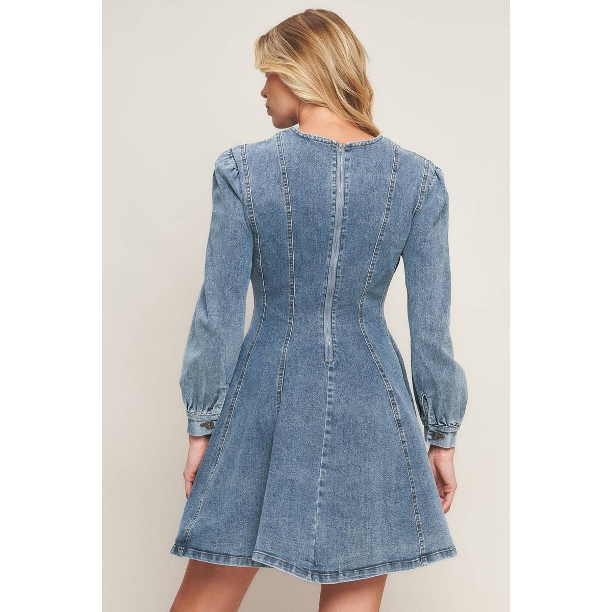 Women's blue washed denim long sleeve skater mini dress – photo 4