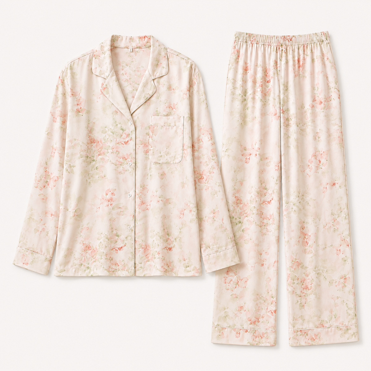 Women's beige rose watercolor floral long sleeve pajama set
