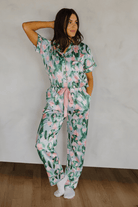 Women's pink watercolor tulip satin pajama set – view 3