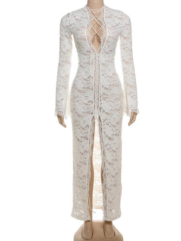 Women's White Lace Cross-Tie Long Sleeve Maxi Dress - front view