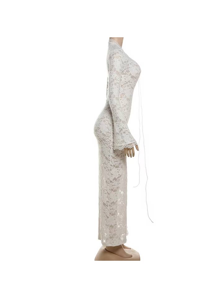 Women's White Lace Cross-Tie Long Sleeve Maxi Dress - view 2
