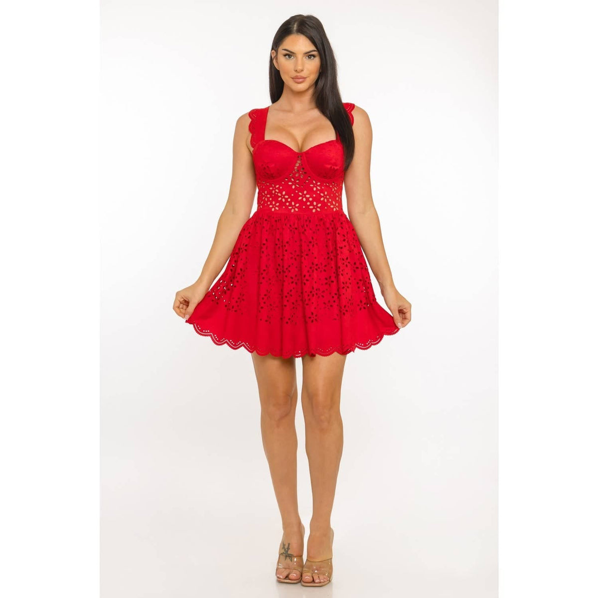 Women's red floral pleated mini dress with wide straps and bustier bodice – photo 1